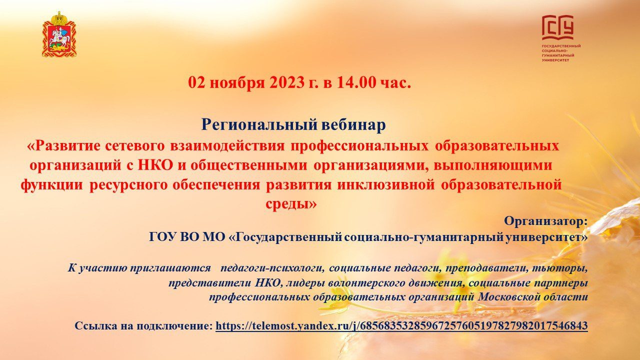 Региональный вебинар «Развитие сетевого взаимодействия профессиональных образовательных организаций с НКО и общественными организациями, выполняющими функции ресурсного обеспечения развития инклюзивной образовательной среды»